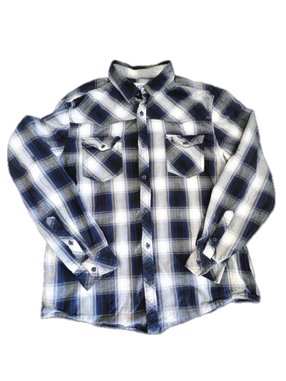 Men’s Navy Blue Plaid Cotton Button Up Shirt Long Sleeve Pockets Size L